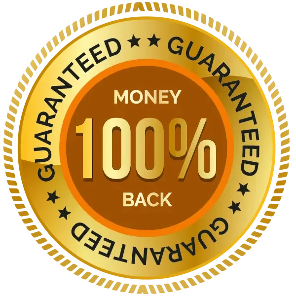 Physio Flex Pro 60-day money-back guarantee badge – 100% satisfaction or full refund, no questions asked, even on empty bottles, risk-free joint health purchase